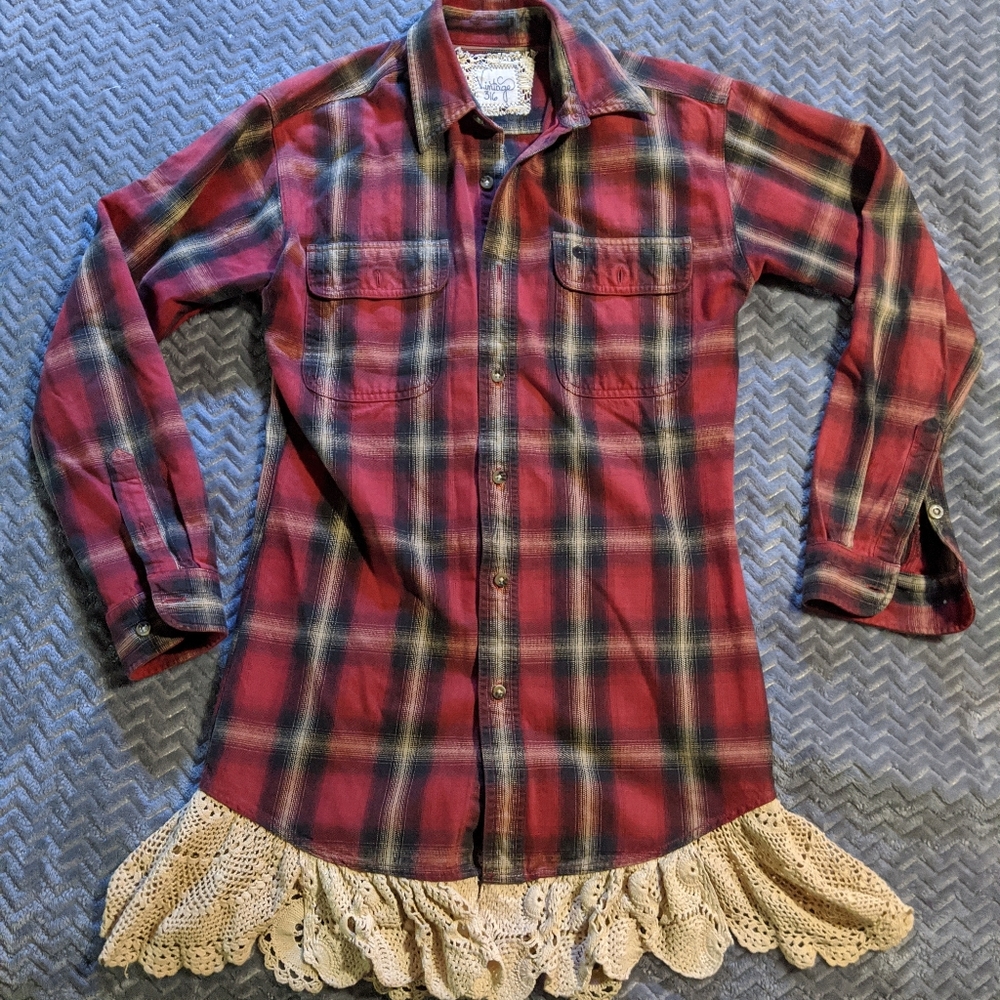 Vintage 316 Red Plaid Flannel with Lace